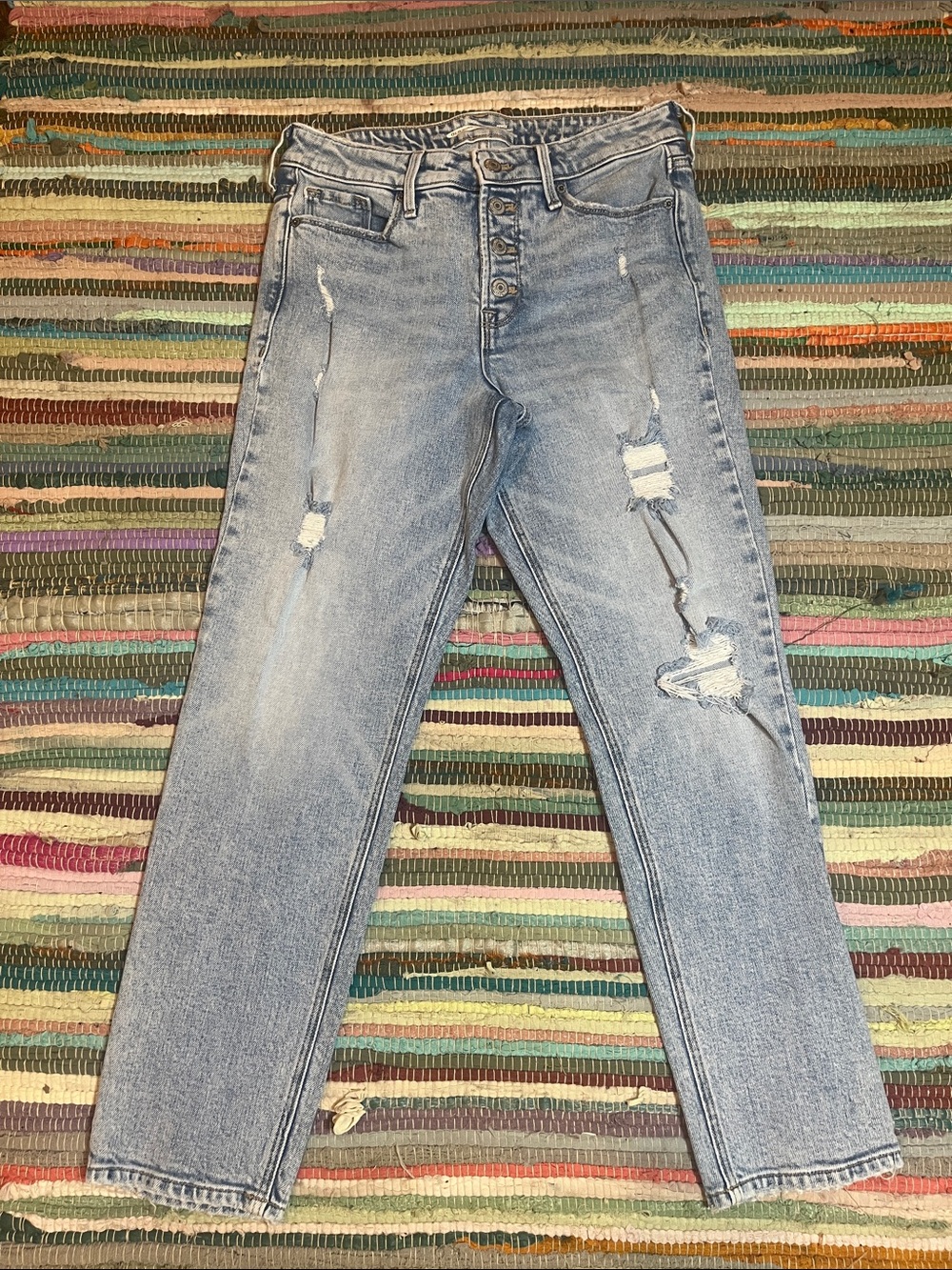 Old Navy Power Slim Straight Light Blue Distressed Button-Fly Jeans
